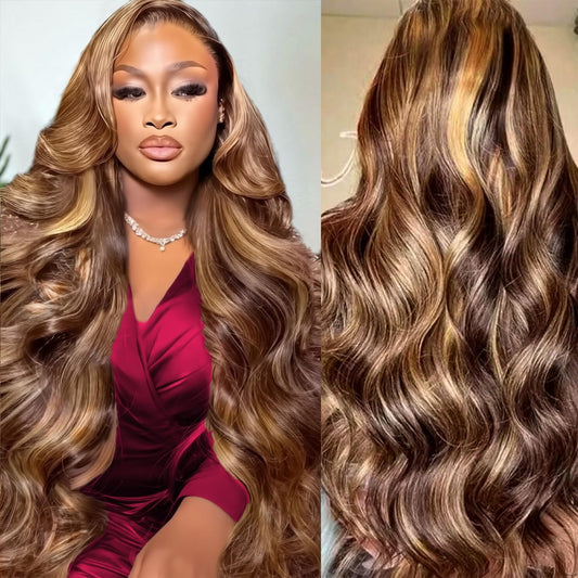 Long 26 Inch Highlight Ombre Human Hair Wig, 13x6 Lace Front Body Wave Style, Natural Hairline, Full 180% Density