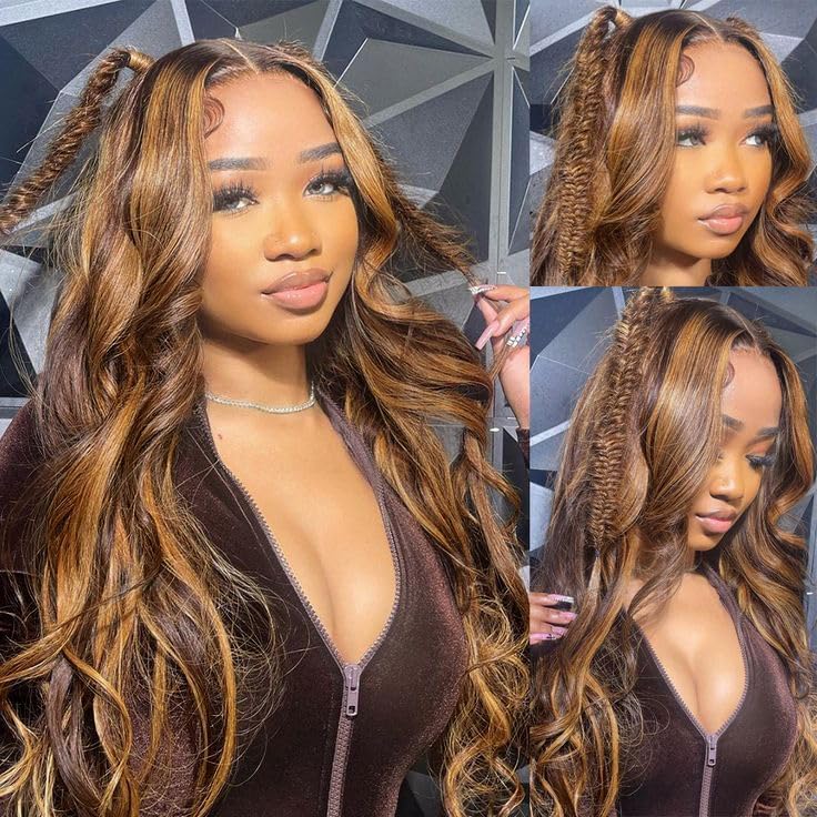 Long 26 Inch Highlight Ombre Human Hair Wig, 13x6 Lace Front Body Wave Style, Natural Hairline, Full 180% Density