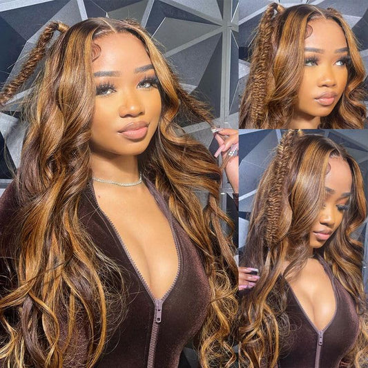 Long 26 Inch Highlight Ombre Human Hair Wig, 13x6 Lace Front Body Wave Style, Natural Hairline, Full 180% Density