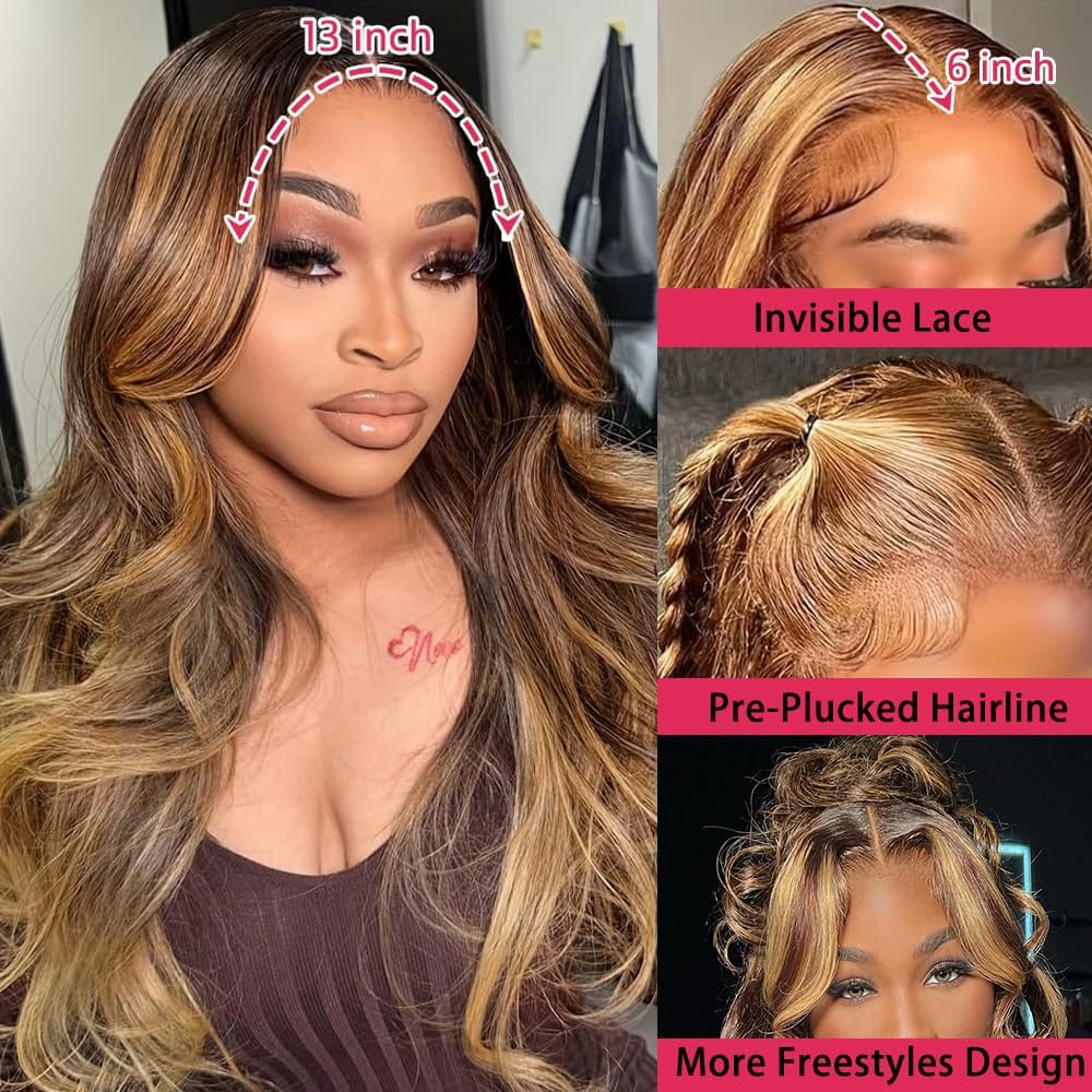 Long 26 Inch Highlight Ombre Human Hair Wig, 13x6 Lace Front Body Wave Style, Natural Hairline, Full 180% Density