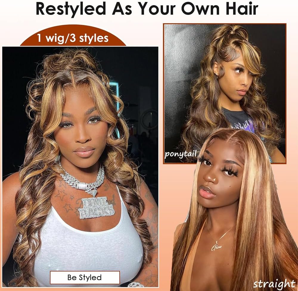 Long 26 Inch Highlight Ombre Human Hair Wig, 13x6 Lace Front Body Wave Style, Natural Hairline, Full 180% Density