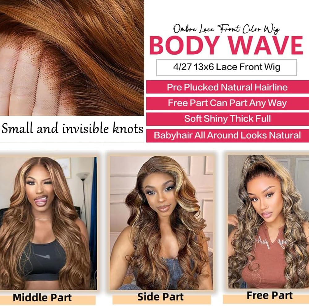 Long 26 Inch Highlight Ombre Human Hair Wig, 13x6 Lace Front Body Wave Style, Natural Hairline, Full 180% Density