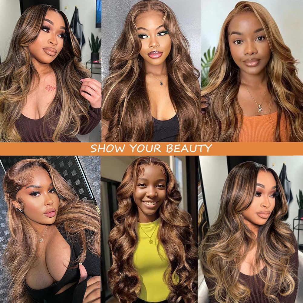 Long 26 Inch Highlight Ombre Human Hair Wig, 13x6 Lace Front Body Wave Style, Natural Hairline, Full 180% Density